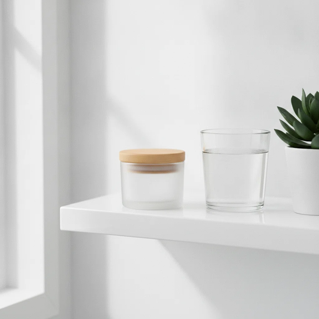 Glas water en een potje Metova op een tafel bij het ontbijt