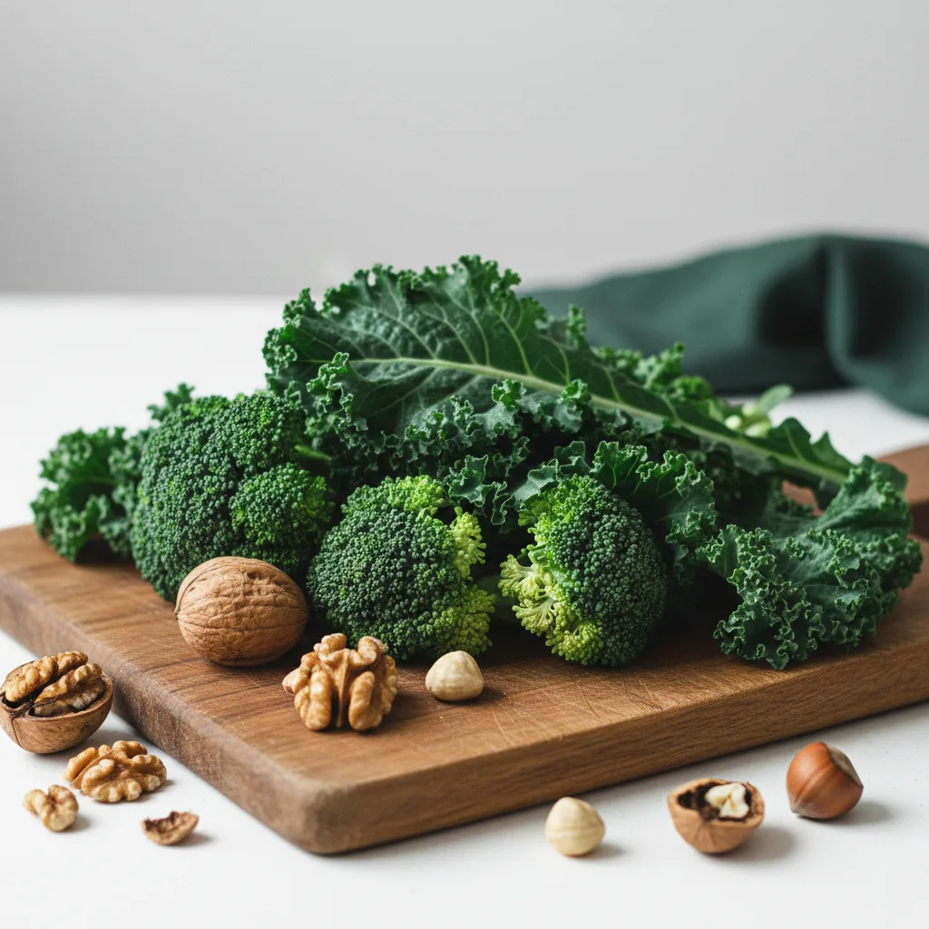 Vers groenten en noten op een houten snijplank voor een overzicht van B-vitaminebronnen